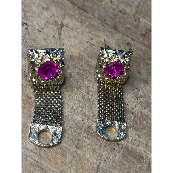 SWANK Jeweled Wraparound Cuff Link Set, Gold Plated Hot Pink Jewel - Picture 2 of 6